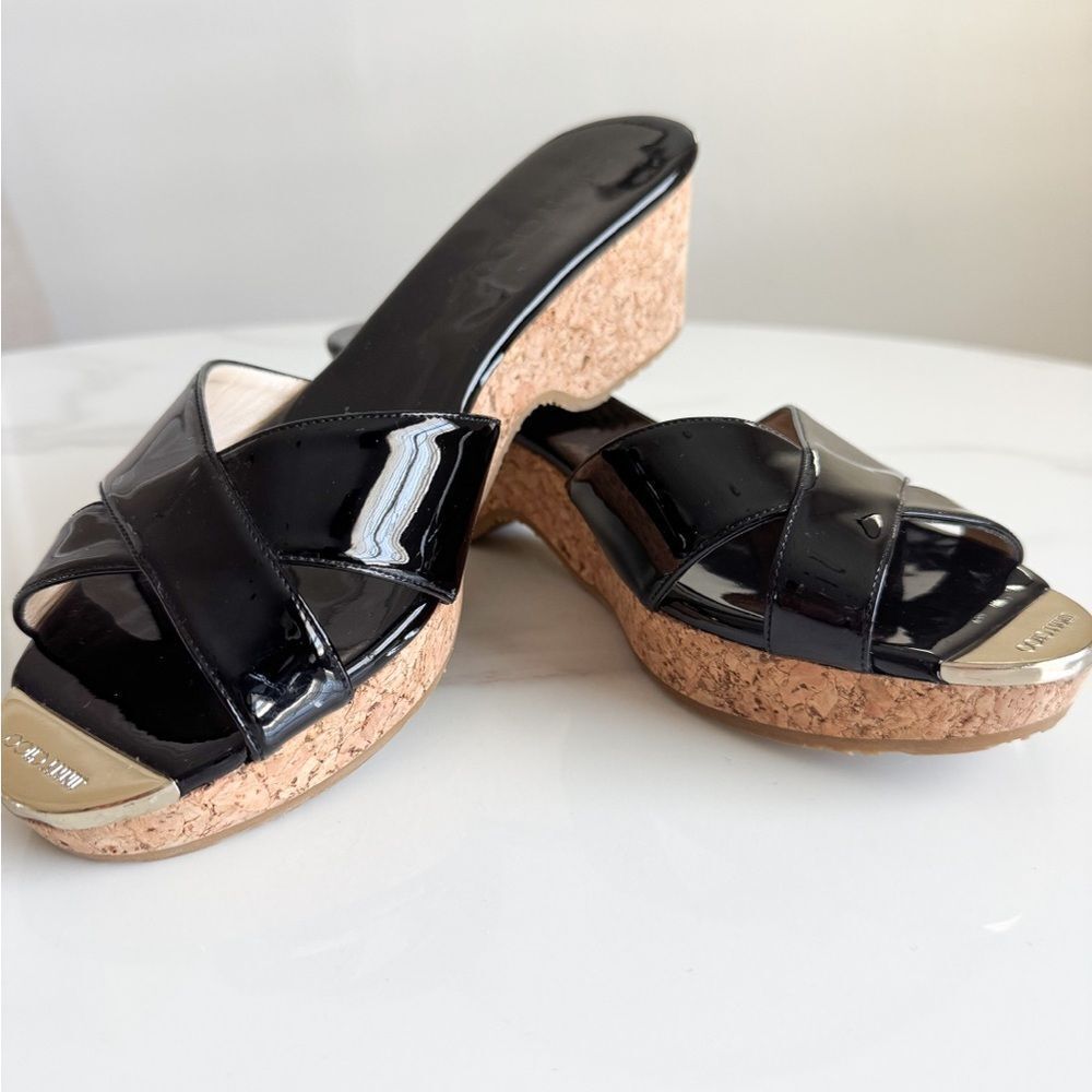 Jimmy Choo Patent Leather Cork Wedge Slide Sandals Black EU 40.5